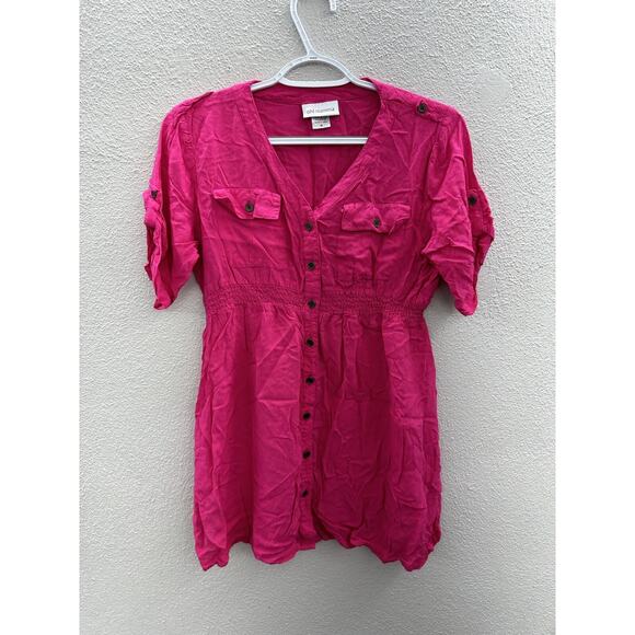 Womens Oh! Momma Pink Button Up Short Sleeve Shirt Size Medium - Picture 1 of 12